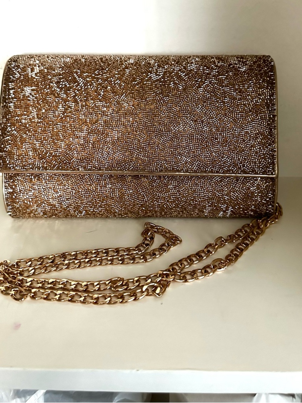 Gold Beaded Evening Clutch with Removable Crossbody Chain Strap